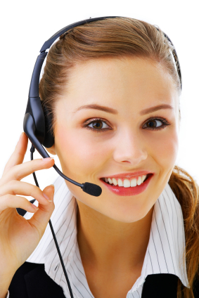 Isolated portrait of a beautiful helpdesk or support line operator answering a call.